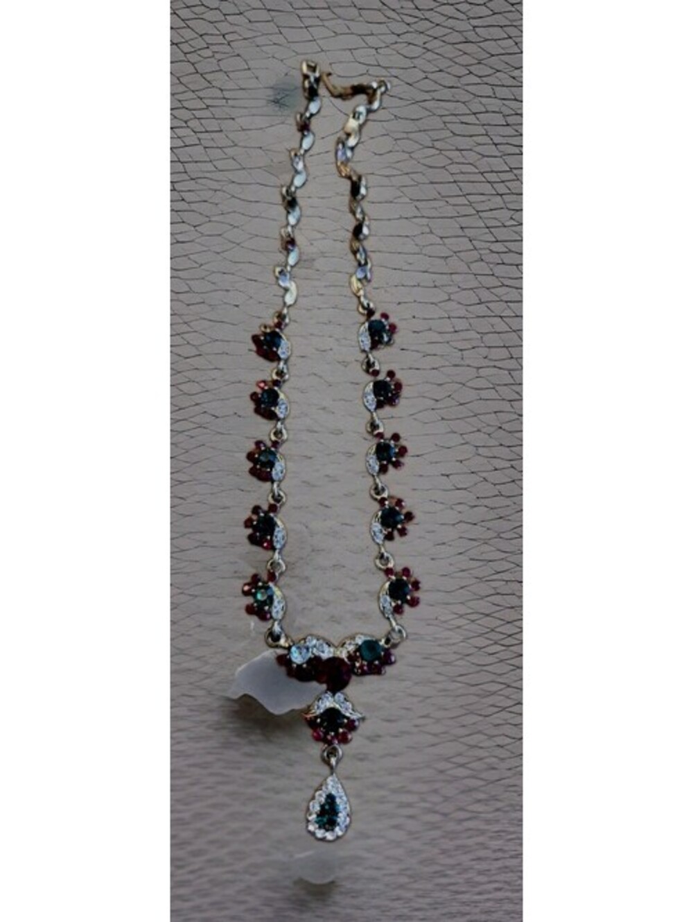 Vintage Red Green Clear Gemstone Necklace 16"